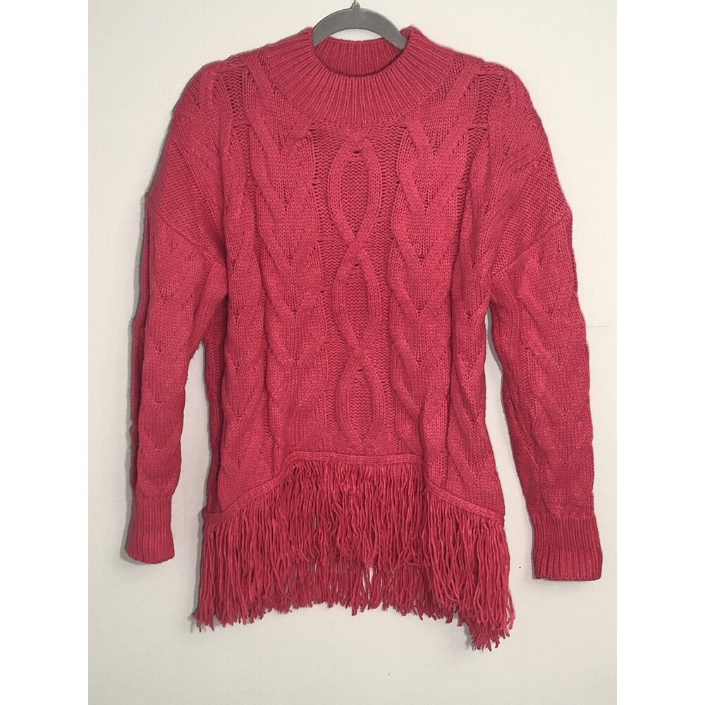 NO LABEL Hot Pink Cable Knit Sweater W/6” Fringe@Hem Ribbed Collar/Cuff Sz S EUC